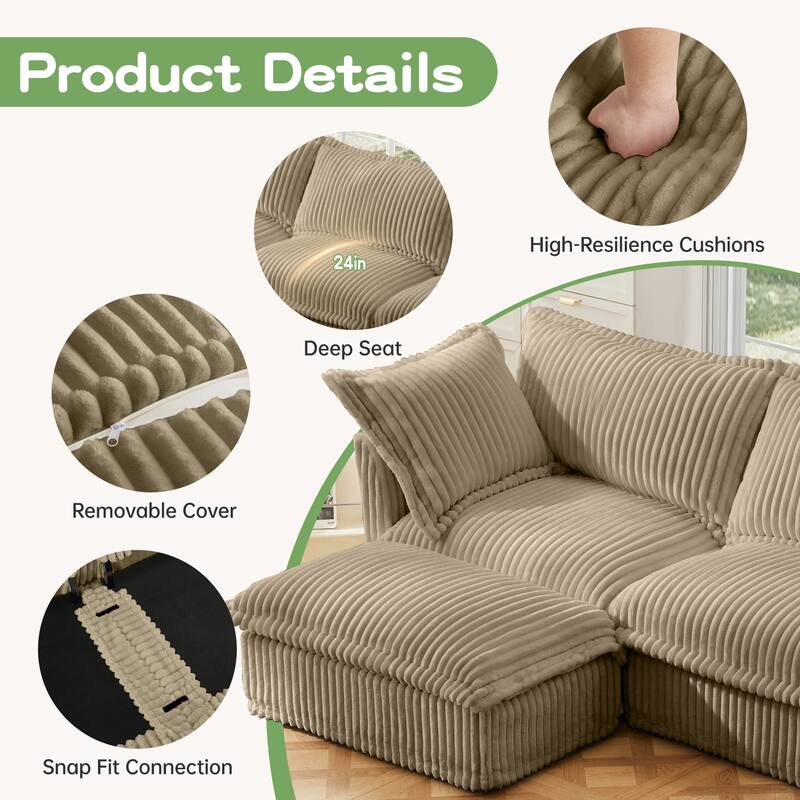Corduroy Upholstered Armchair with Washable Covers, Deep Seat Single Couch Chair with Large Pillows, Small Space Reading Chair