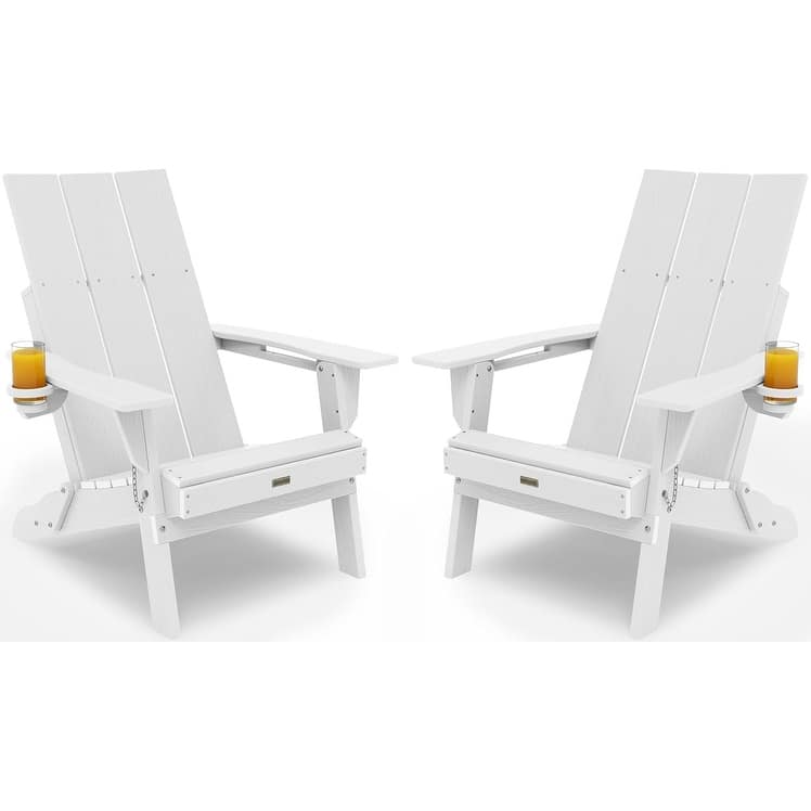 WINSOON Modern HDPE Outdoor Folding Adirondack Chair With Cup Holder Set Of 2 - White