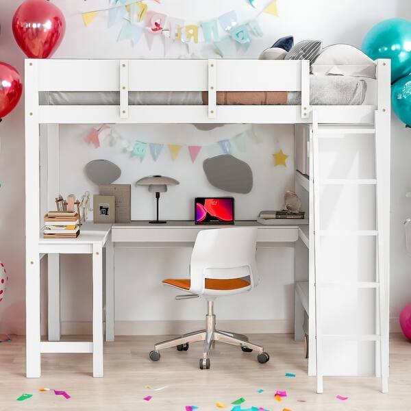 slide 2 of 32, Full Size Loft Bed with Desk and Shelf,Twin Multi-Functional Children's Wooden Loft Bed White