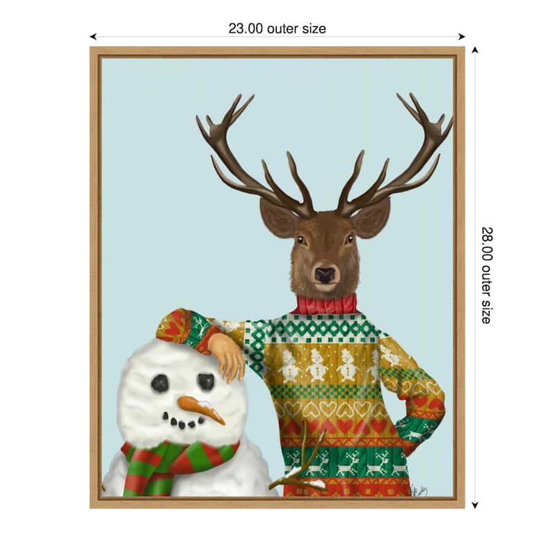 Deer in Christmas Sweater with Snowman by Fab Funky (23 x 28 in.), Framed Canvas Wall Art Print - Sylvie Natural