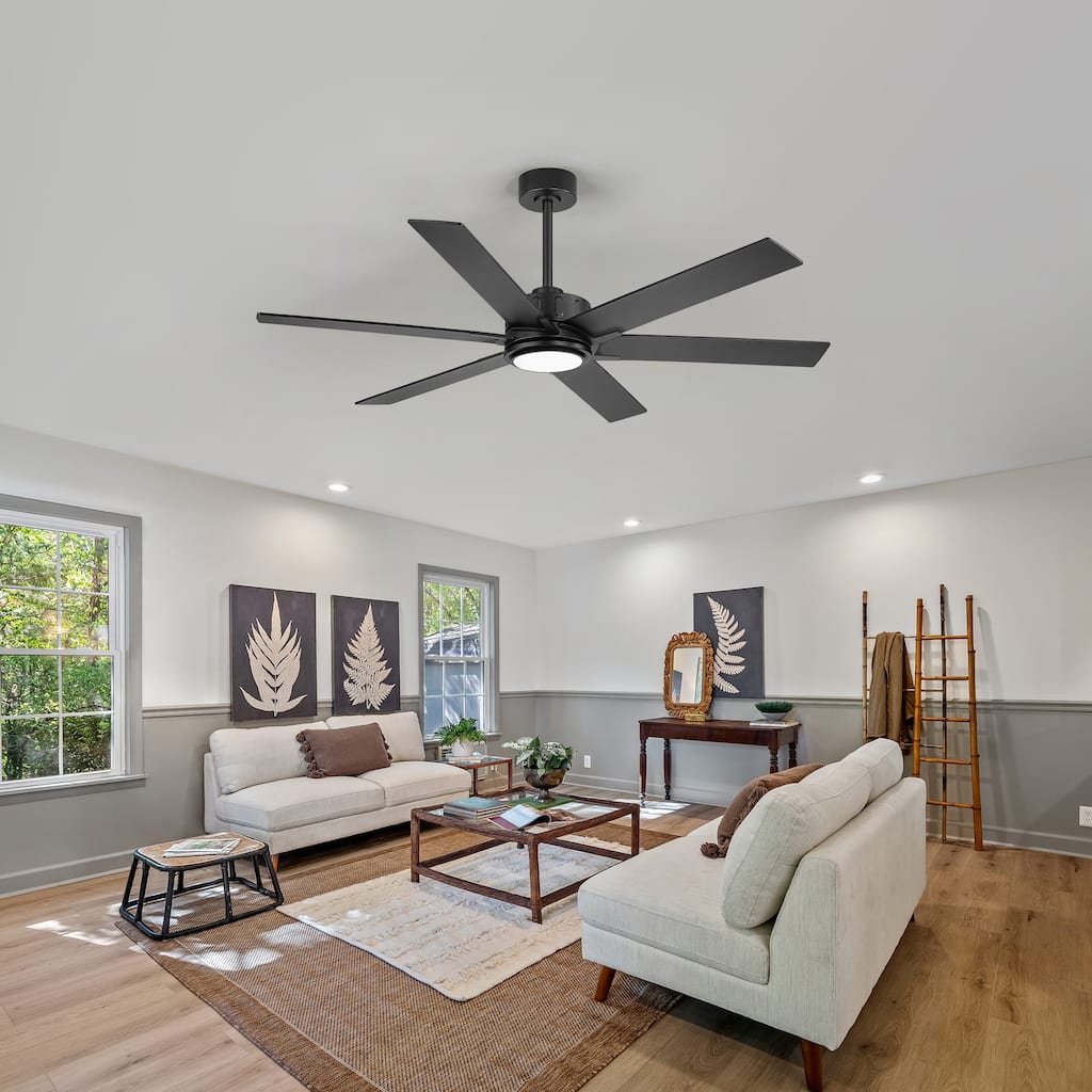 60 in Ceiling Fan with Light, 6 Black Walnut Plywood Blades, Dimmable Acrylic Shade, Quiet DC Motor