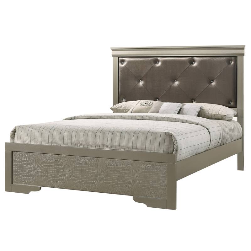 Panel Bed - Full Size - Champagne & Black Croc Texture - Deep Tufted Headboard - Box Spring Required