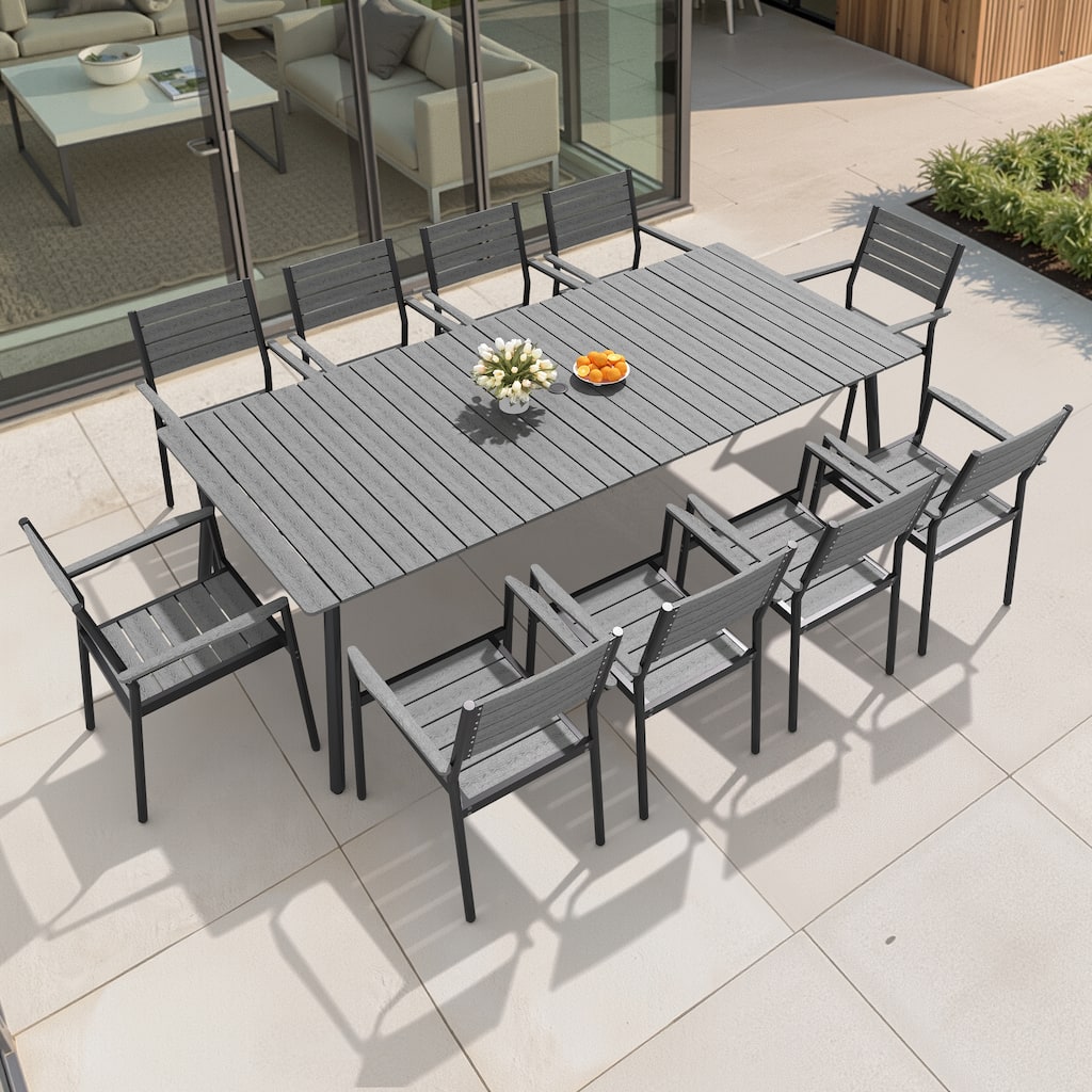 7/9/11-Piece Outdoor Dining Set Aluminum Dining Table with Umbrella Hole and Stackable Chairs