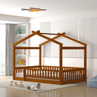Wood House Bed Frame with Roof and Fence, for Kids, Teens, Girls, Boys