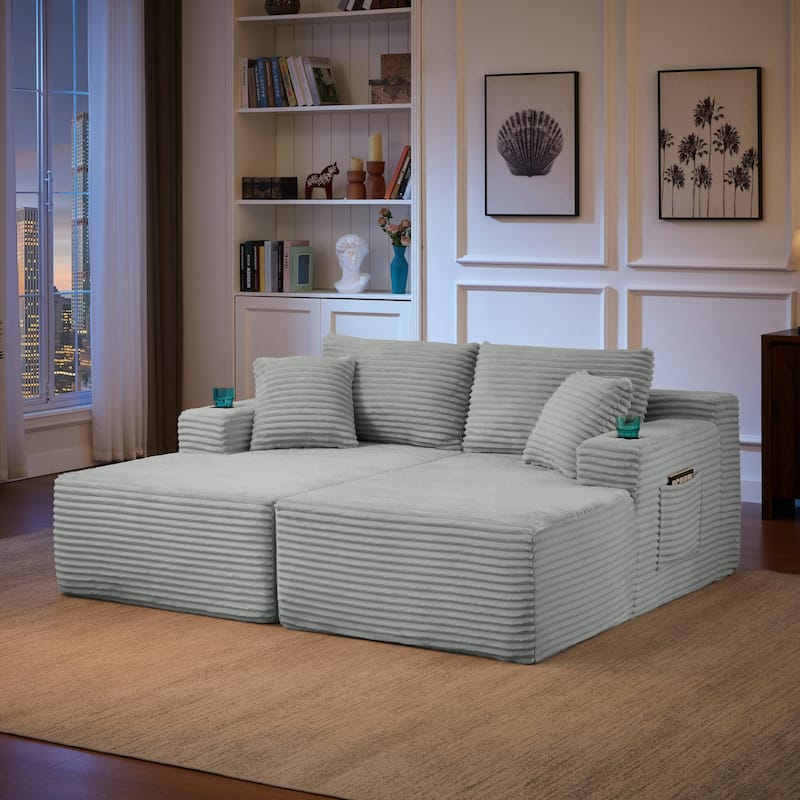 U-Shaped Modular Sectional Sofa with Dual Chaise Lounges, Corduroy Cloud Couch with Cup Holders, Compressible Deep Seat Sofa