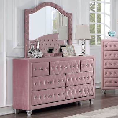 Vyvi Glam Pink Upholstered 2-piece 7-Drawer Dresser and Mirror Set by Furniture of America