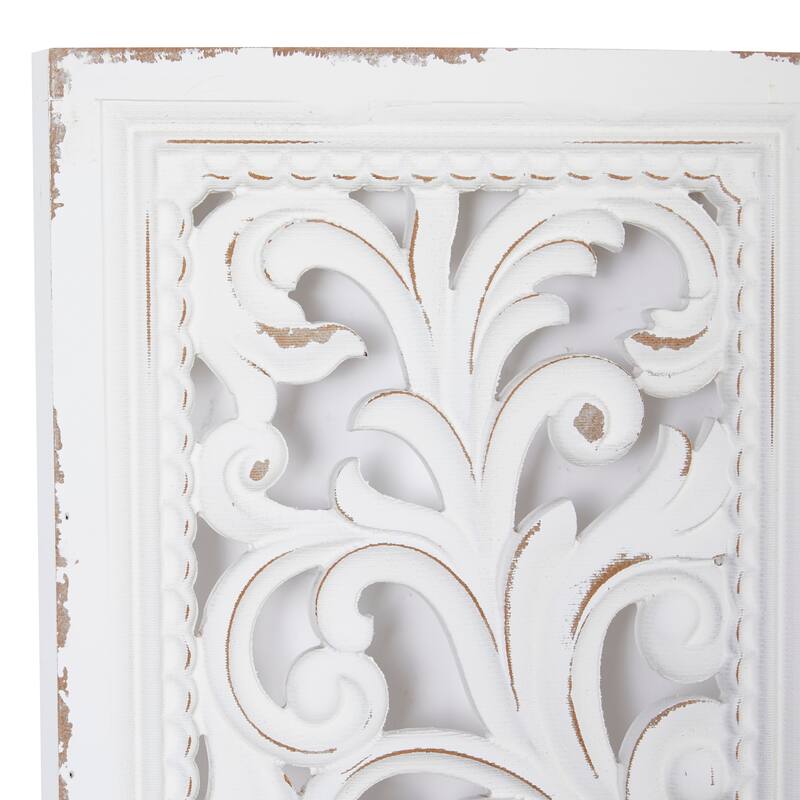 White Wood Handmade Slim Distressed Carved Panel Scroll Home Wall Decor (Set of 2)