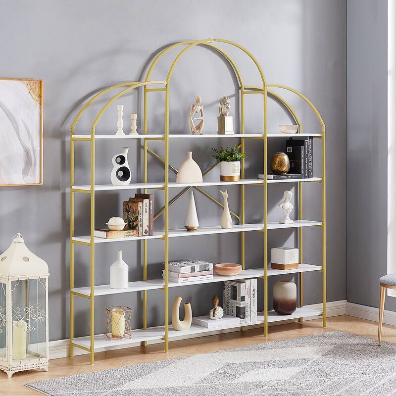 Modern 5 Tiers Bookshelf, Unique Design Display Shelf with Round Top