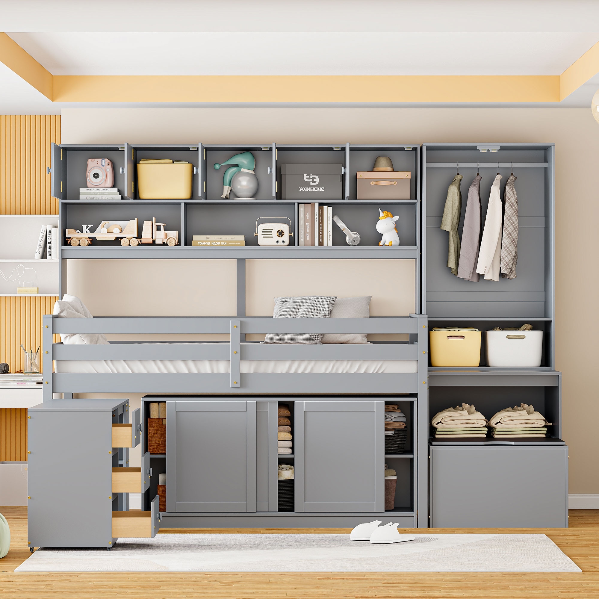 Twin Size Wooden Loft Bed Big Storage with Under-bed Desk, with Drawers, with Shelves