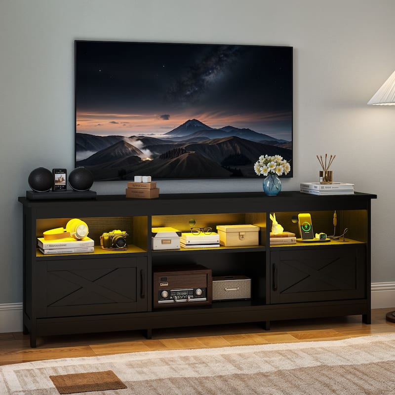 Moasis Farmhouse 70"W TV Stand with LED Lights, Outlets - Black