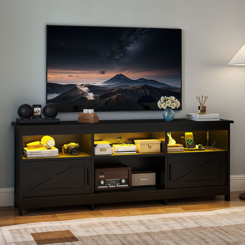 Moasis Farmhouse 70"W TV Stand with LED Lights, Outlets