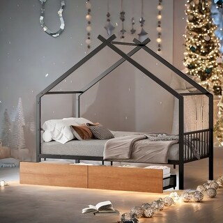 Metal Twin Size House Bed with Two Drawers