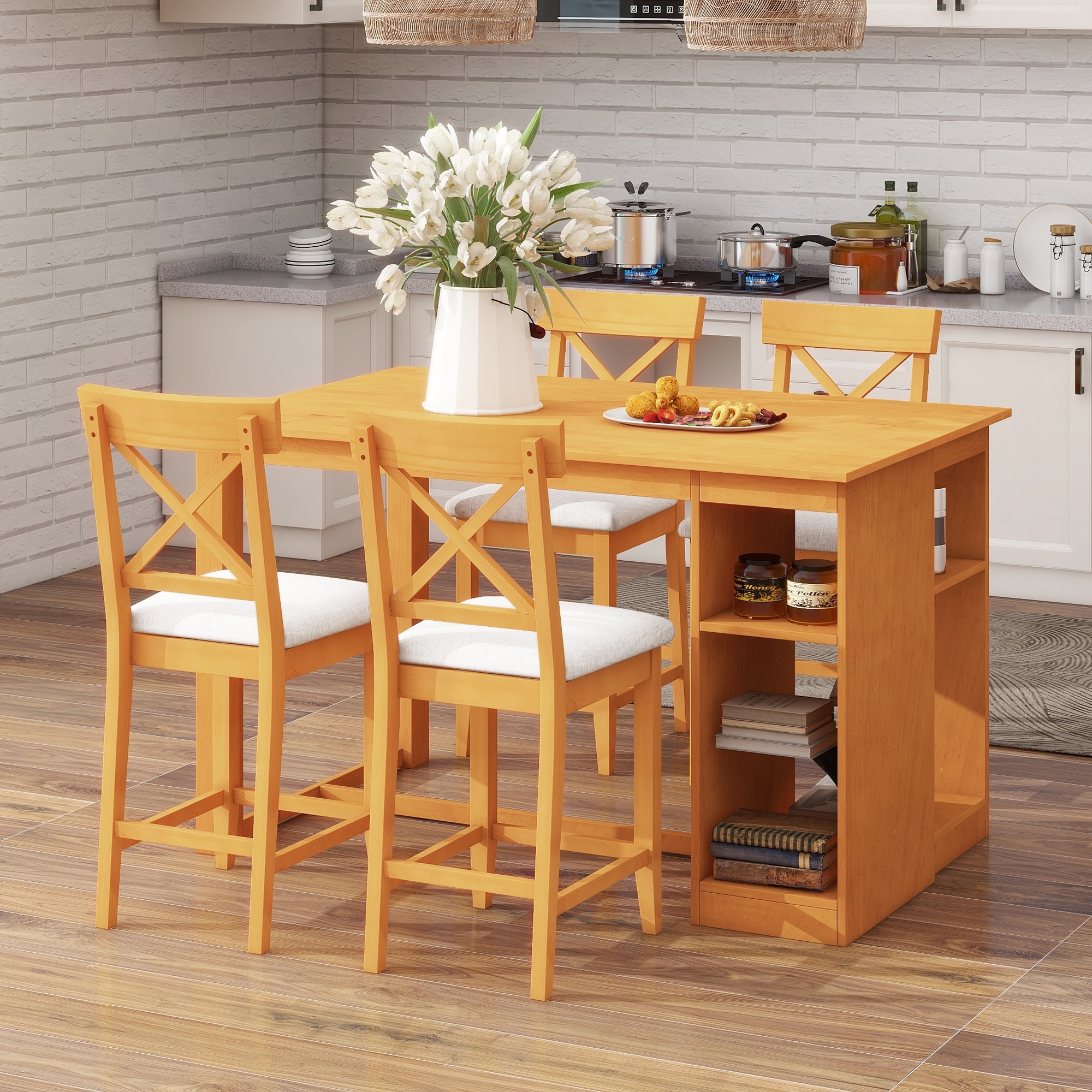 60"Lx30"W Solid Wood Farmhouse Counter Height Dining Table Set, Upholstered Dining Chairs for 4, 5-Piece