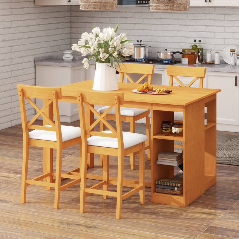 60"x30" Solid Wood Farmhouse 5-Piece Dining Set with Storage Shelves & Counter-Height Table, 4 Upholstered Chairs - Brown