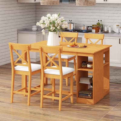 60"x30" Solid Wood Farmhouse 5-Piece Dining Set with Storage Shelves & Counter-Height Table, 4 Upholstered Chairs