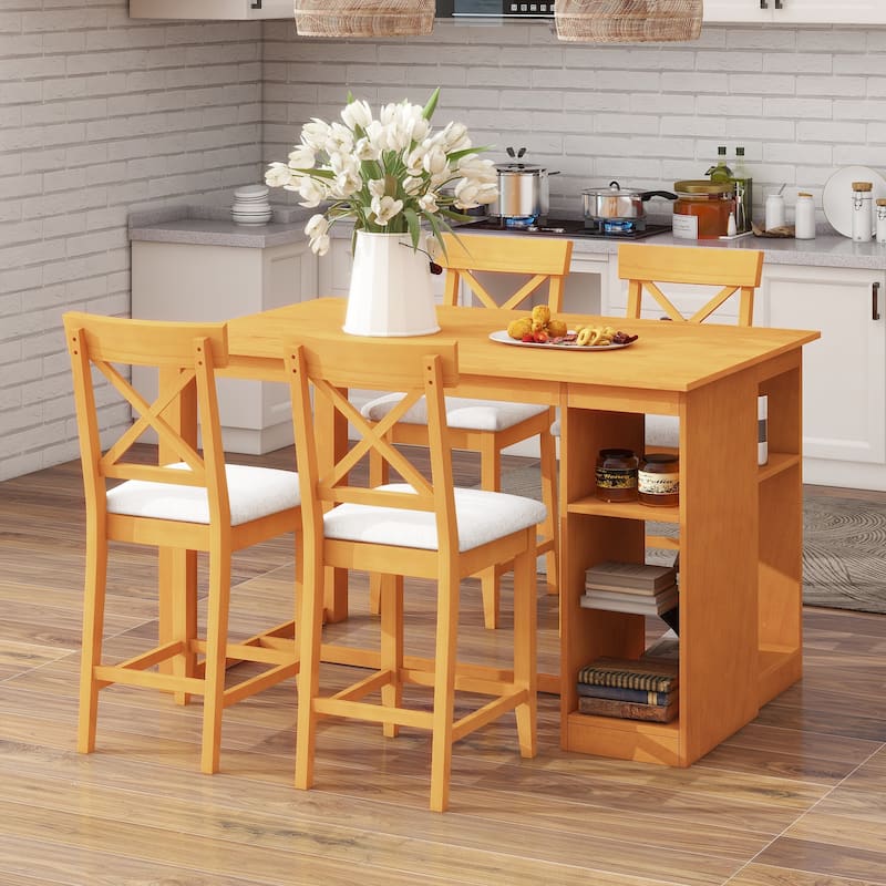 Farmhouse 5-Piece Counter Height Dining Table Set with 3-Tier Storage Shelves and Comfortable Cross Back Dining Chairs