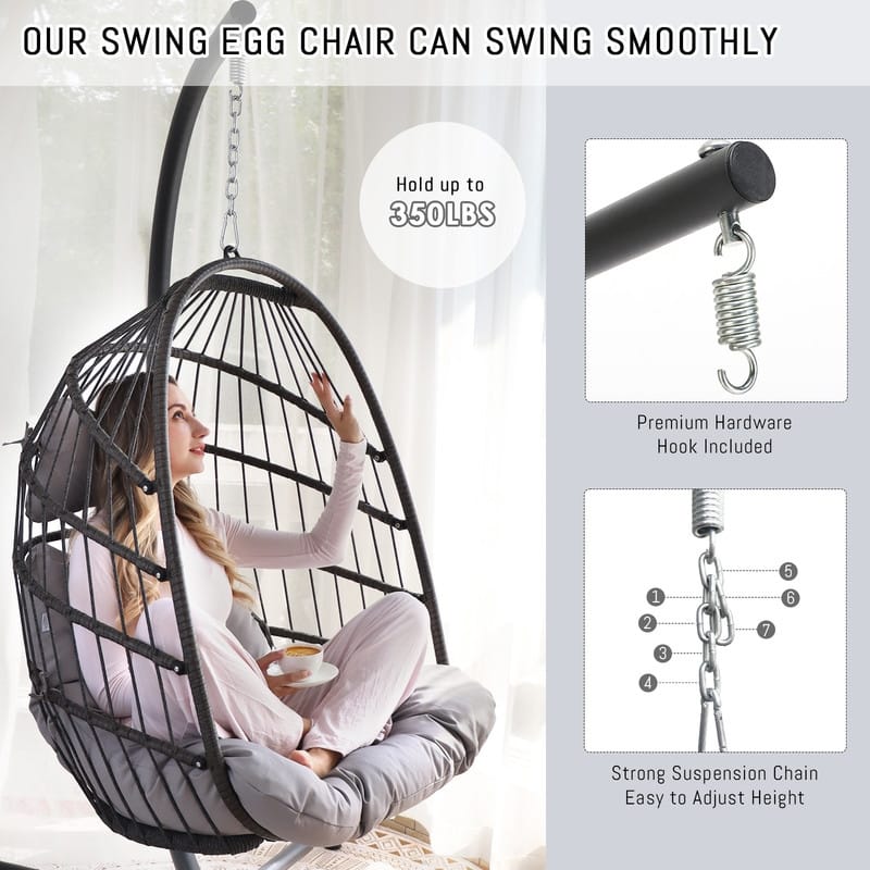 Oversized Hanging Egg Chair with Stand, Indoor Outdoor Swing Chair, 350 lbs Capacity Cozy Rattan Lounge
