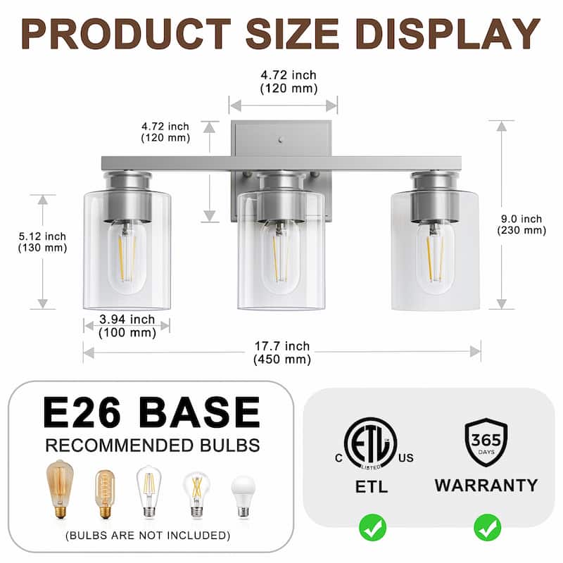 YANSUN 3-Light Brushed Nickel Vanity Wall Sconce with Clear Glass Shades