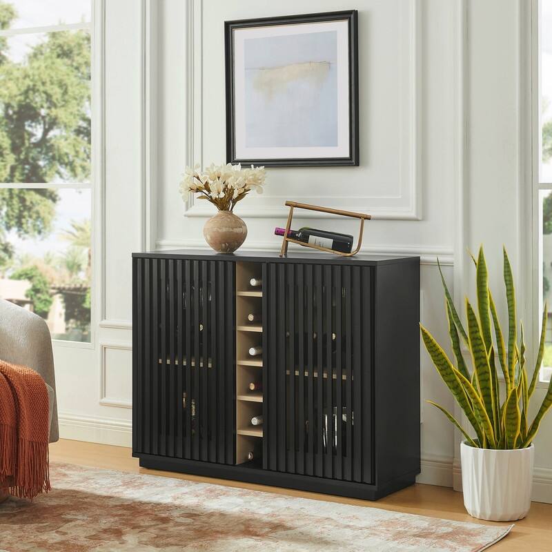 Mid Century Modern Fluted Buffet Cabinet with Wine Glass Holder and Wine Rack