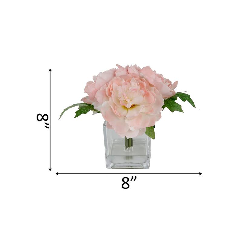9" Tall Silk Peony Arrangement in Glass Pot,Pink - ONE-SIZE