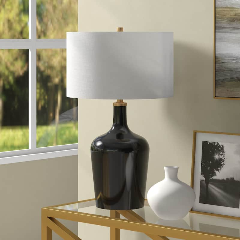 White Glass Urn Table Lamp with Linen Drum Shade and Rotary Switch - 15” x 15” x 25” (D x W x H)