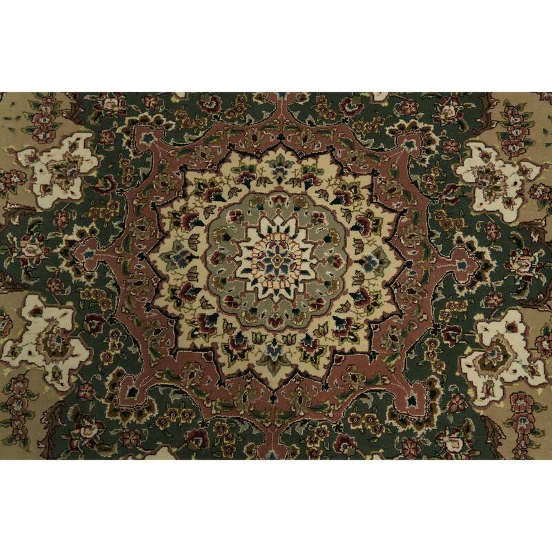 Hand Knotted Oriental Wool & Silk Carpet Traditional Floral Green Aubusson Area Rug - 12' 0'' X 9' 0''
