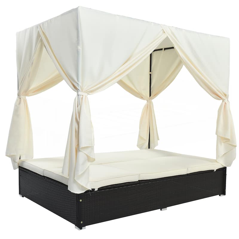 Outdoor Patio Wicker Sunbed Daybed with Cushions - Beige
