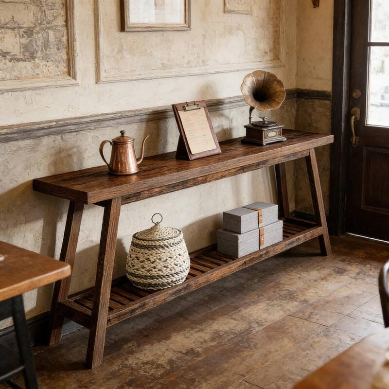 2-Tier Sofa Console Table - Extra-Long Entryway Table - Brown - Wood