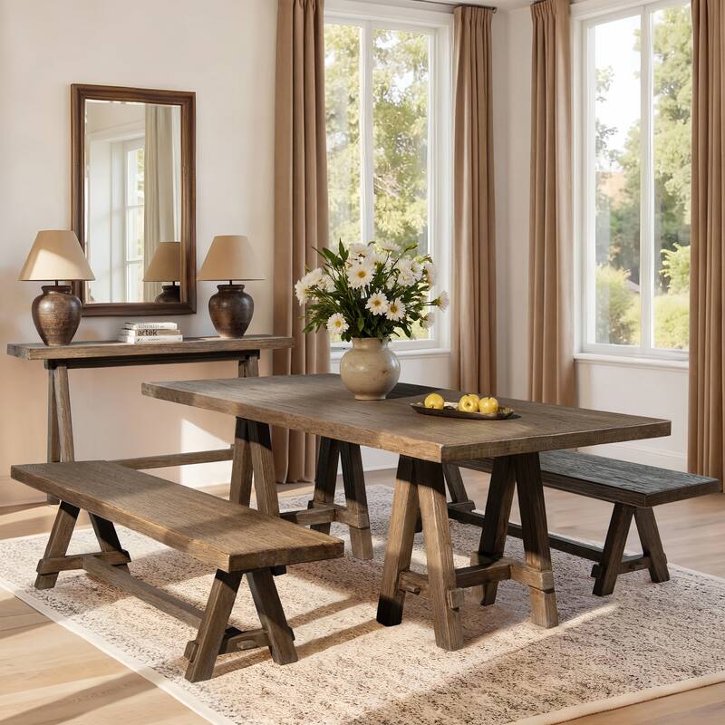 Jennifer Taylor Home Hawthorne 84" Solid Reclaimed Elm Trestle 8-Person Dining Table - Heritage Medium-Dark Brown