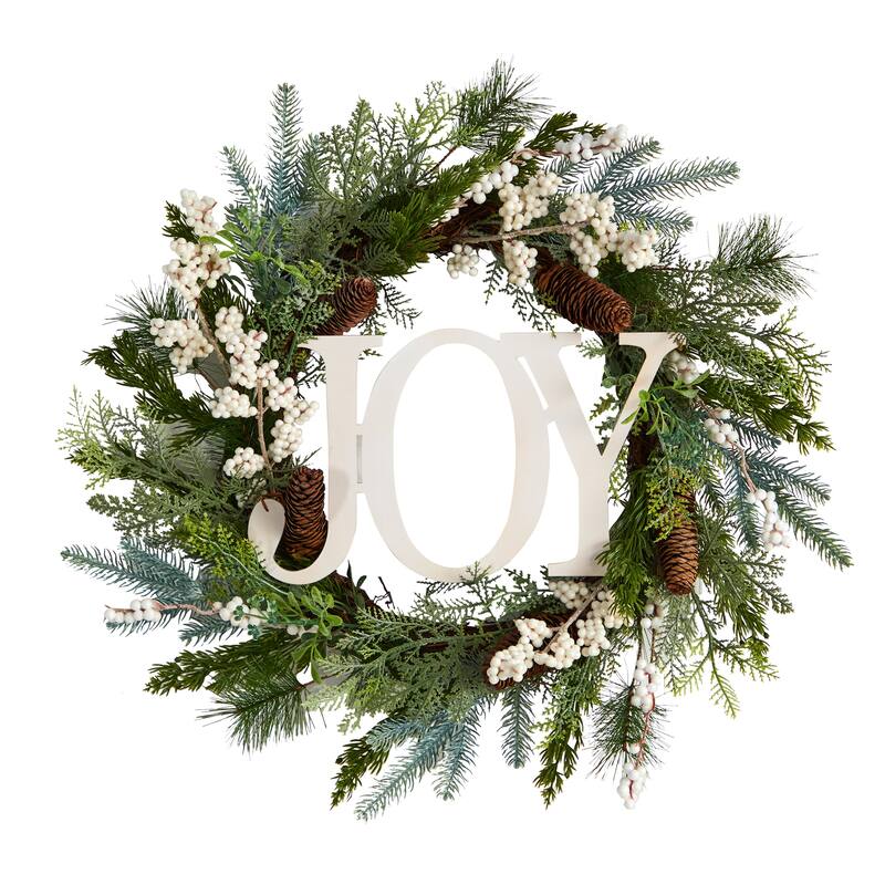 Pine Cones and Berries "Joy" Artificial Christmas Wreath, 24-Inch, Unlit