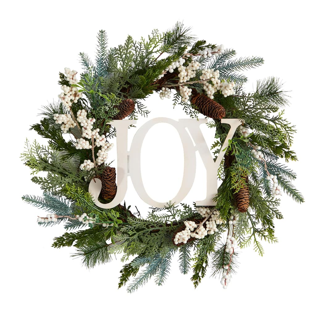 Pine Cones and Berries "Joy" Artificial Christmas Wreath, 24-Inch, Unlit