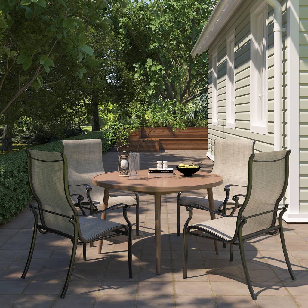 Cast Aluminum 5-Piece Outdoor Patio Dining Set with Wood-Finished Round Table and Textilene Chairs - N/A