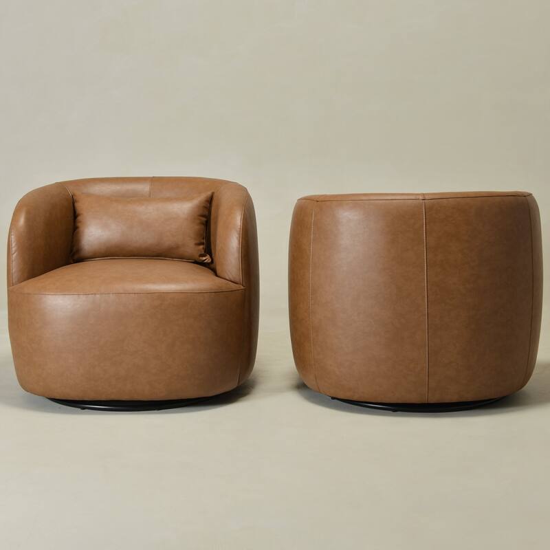KINWELL 34" Wide Swivel Faux Leather Barrel Armchair Upholstered PU Leather Accent Chairs for Living Room Office Lounge