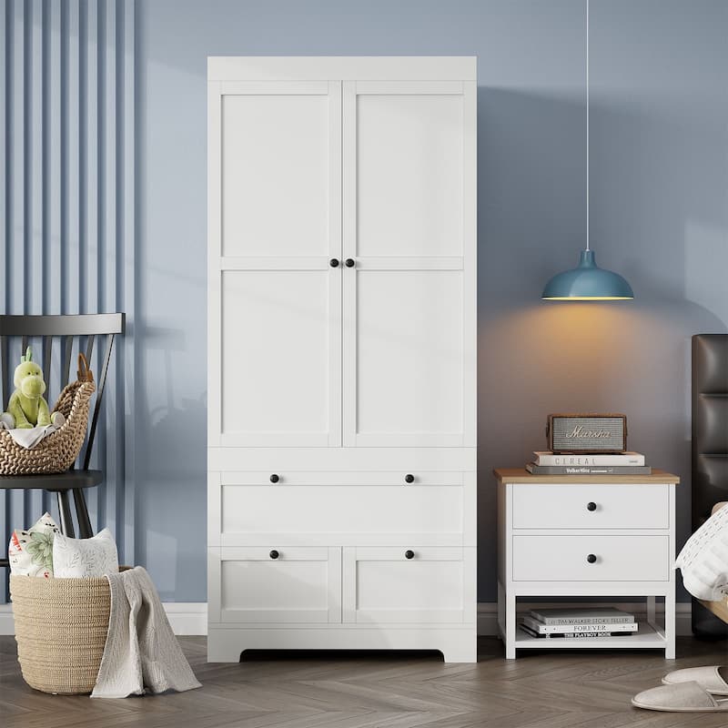 Gyomojoy Large White Wardrobe Closet with Drawers & Doors, Modular Armoire with Hanging Rods, Apartment & Dorm Storage