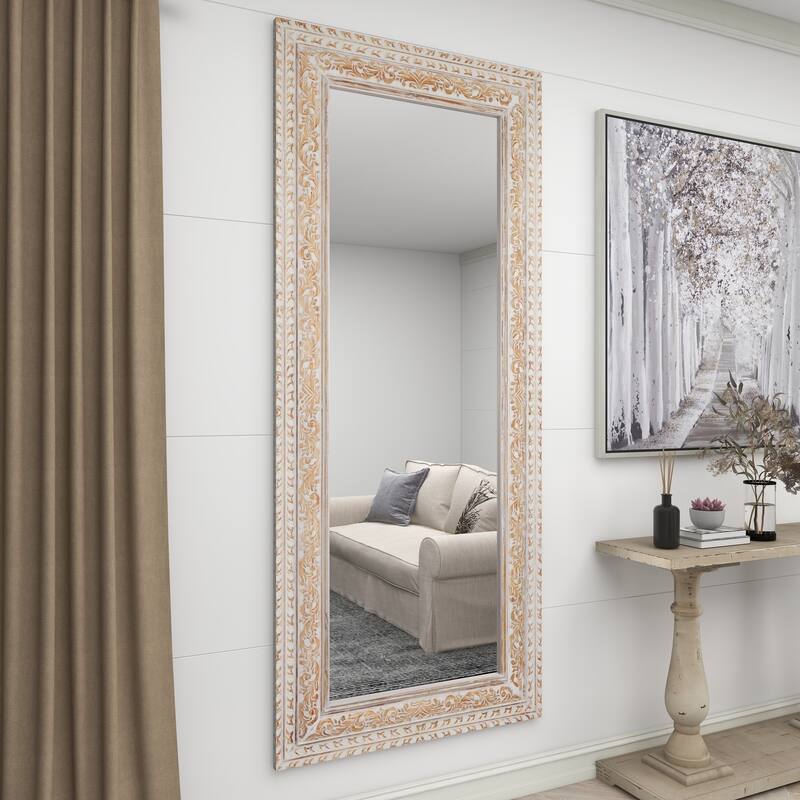 White Mango Wood Vine Scroll Room Wall Mirror with Brown Carved Detail
