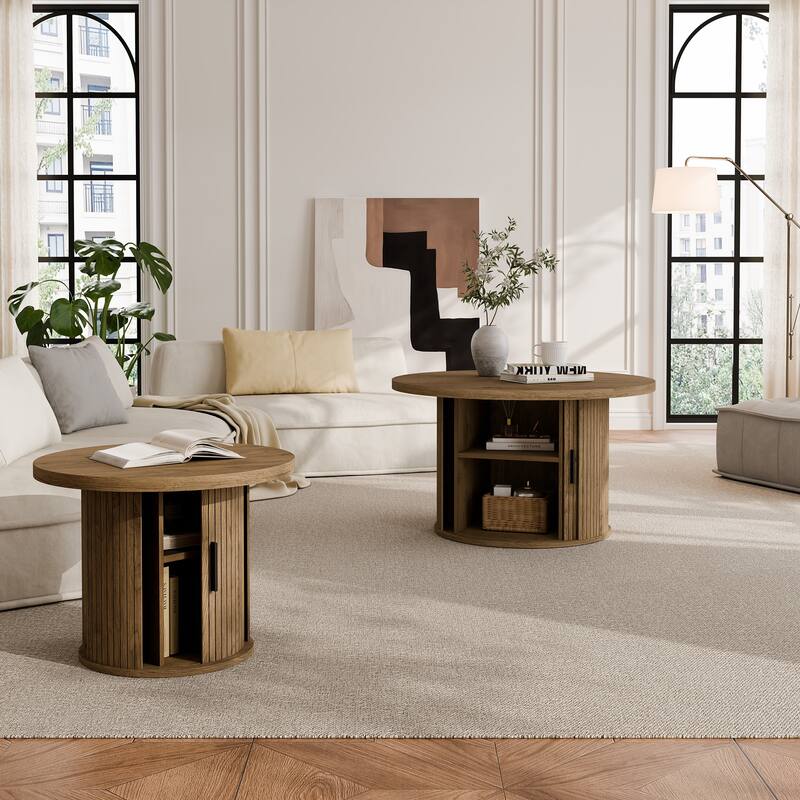 Mid Century Modern Round Coffee Table with Storage, Tambour Door Design Table for Living Room