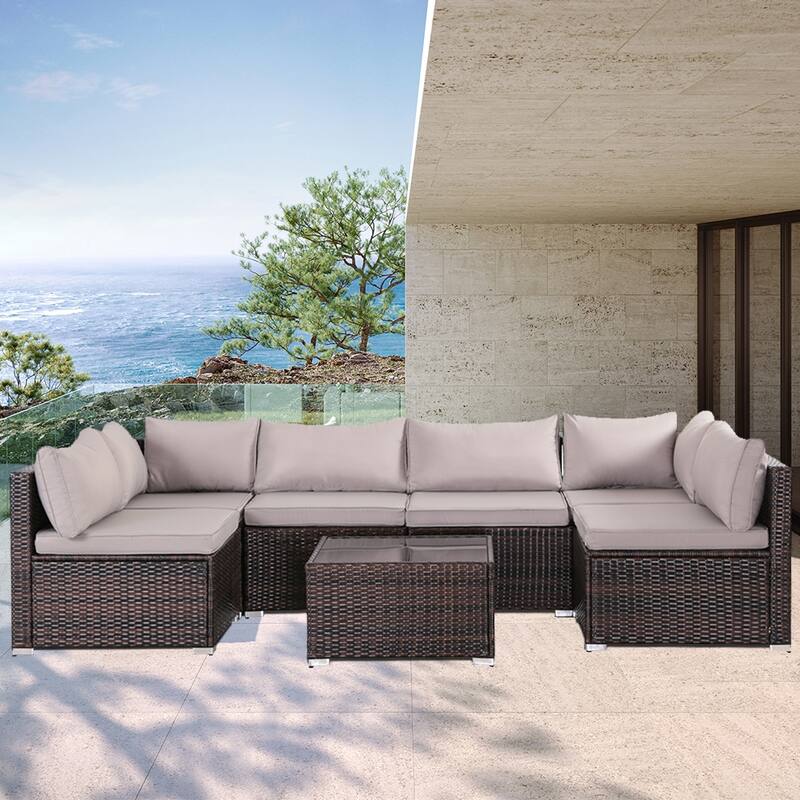 7-Piece Wicker Patio Conversation Set with Cushions
