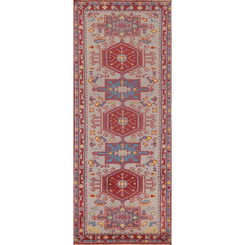 Geometric Grey Kazak Oriental Runner Rug Handmade Wool Carpet - 2'6"x 8'2"