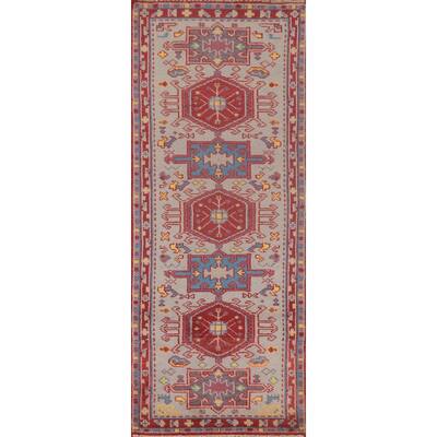 Geometric Grey Kazak Oriental Runner Rug Handmade Wool Carpet - 2'6"x 8'2"
