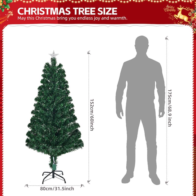 Green PVC Fiber Optic Christmas Tree 5FT with 180 multi-color LEDs - 31.5” Dia x 60” H