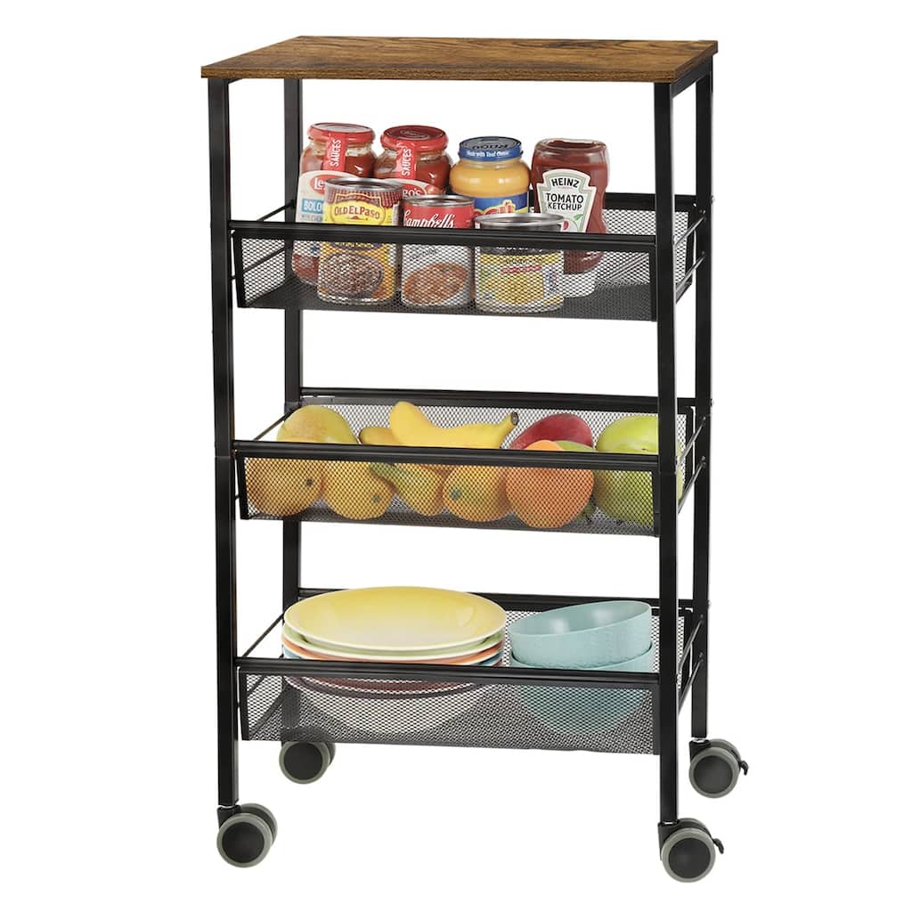 Kitchen Storage Rolling Cart, 4-Tier Kitchen Island Cart on Wheels with Wooden Shelves, Lockable Utility Cart with Mesh Baskets