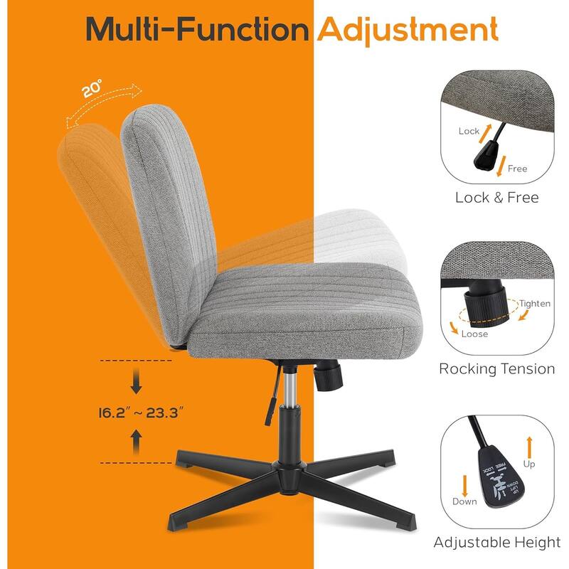 Home Office Desk Chair Criss Cross Legged Office, Wide Comfty Desk, Wheels Armless Computer Task, Swivel Vanity Home Chair