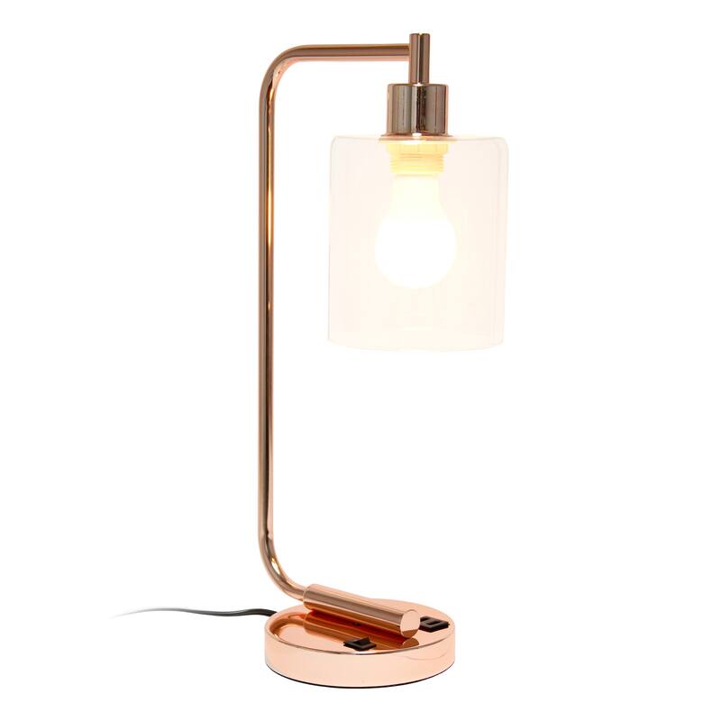 Simple Designs 18.8" Iron Lantern Desk Table Lamp with USB Port, Antique Brass, With LED Bulb