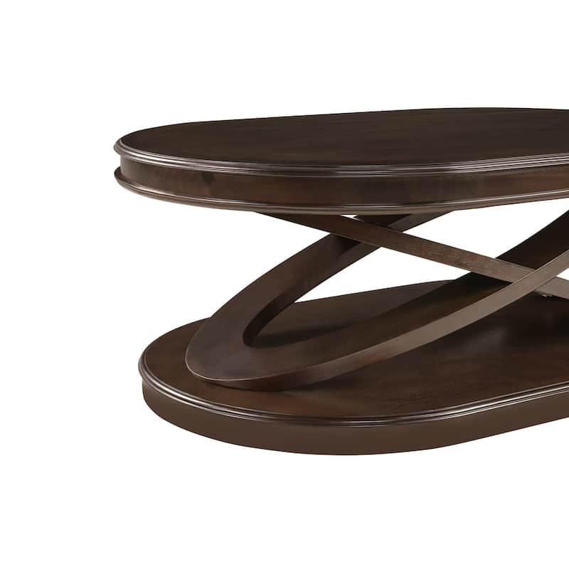 Wood Oval Coffee Table with X-Shaped Base, Cocktail Table with Open Storage, Sofa Center Table with Rounded Corners
