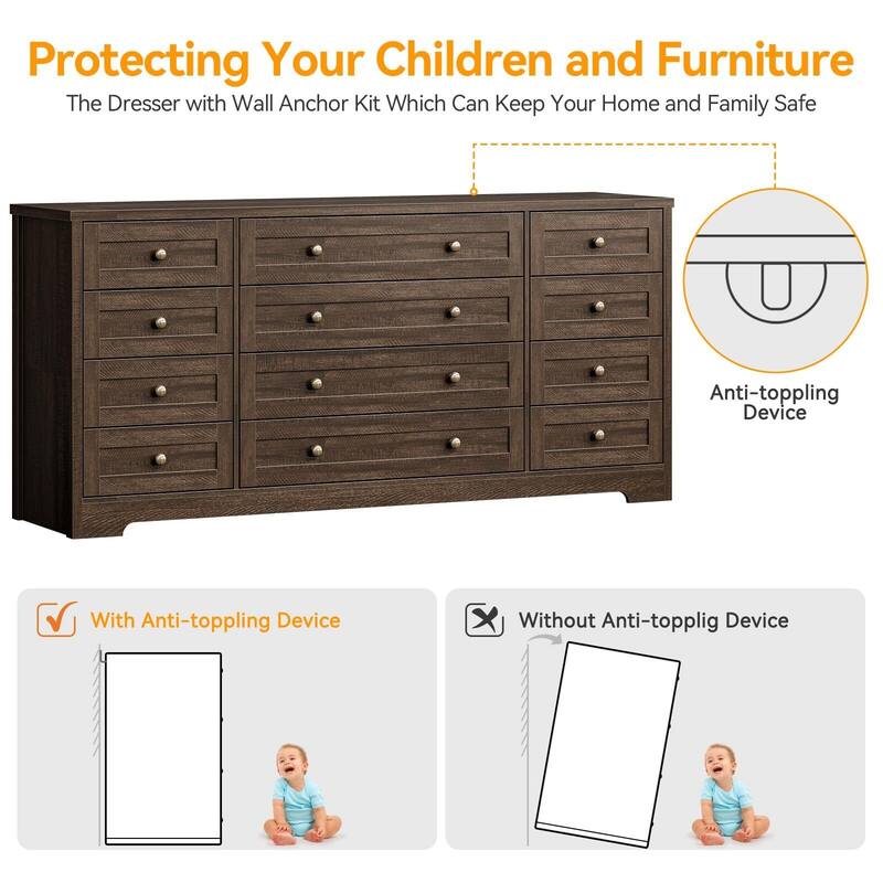 Dresser for Bedroom,Withe Long Wood Dresser with 12 Drawers,Storage Chest of Drawers with Plug-in Charging Hub