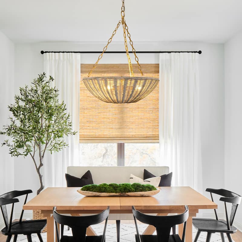 Beige Rattan 3-Light Coastal Woven Wicker Convertible Chandelier Light - 19.68" fixture width x 23.42" fixture height