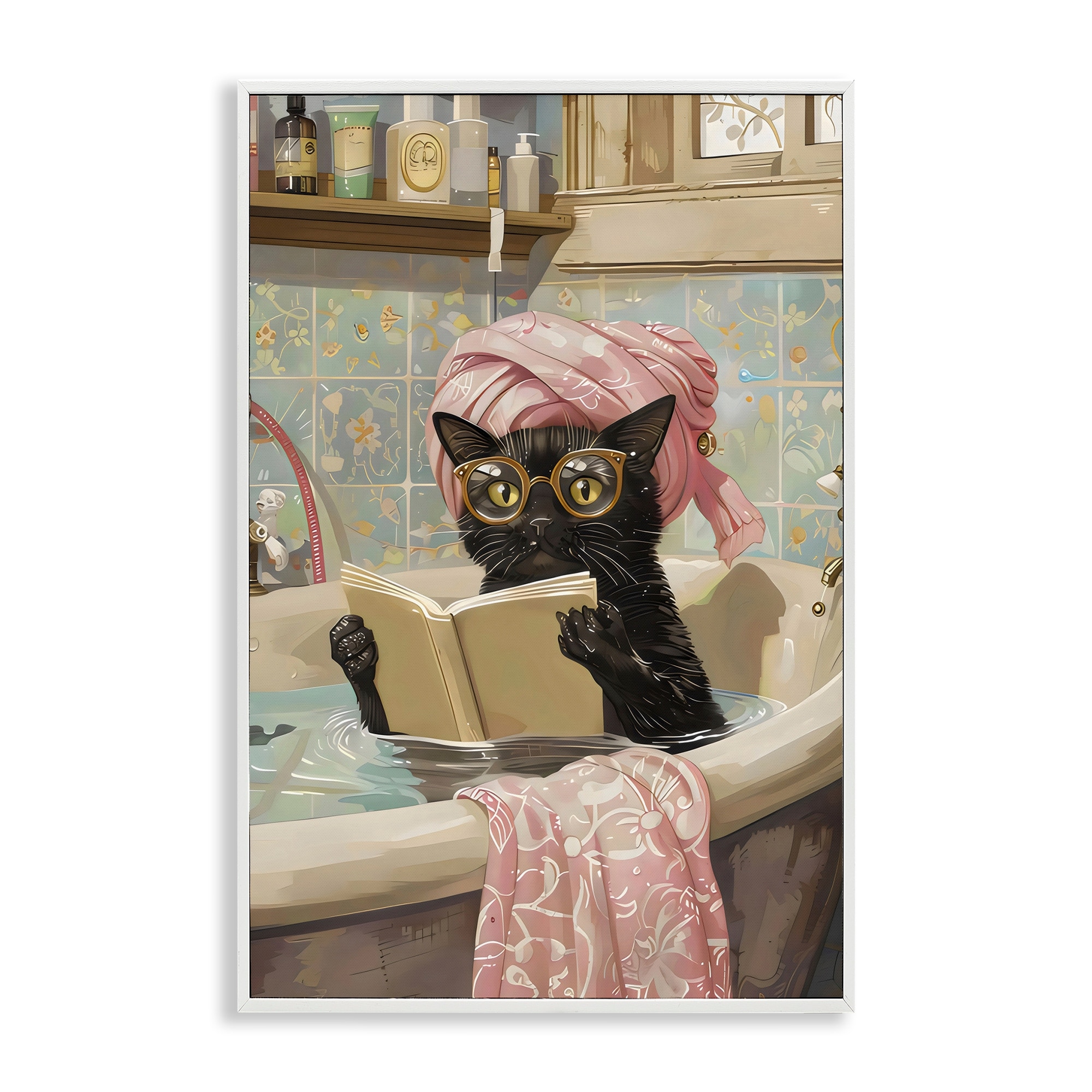 Stupell Kitty Care Bathtub Reading Framed Giclee Art Design By LSR Design Studio