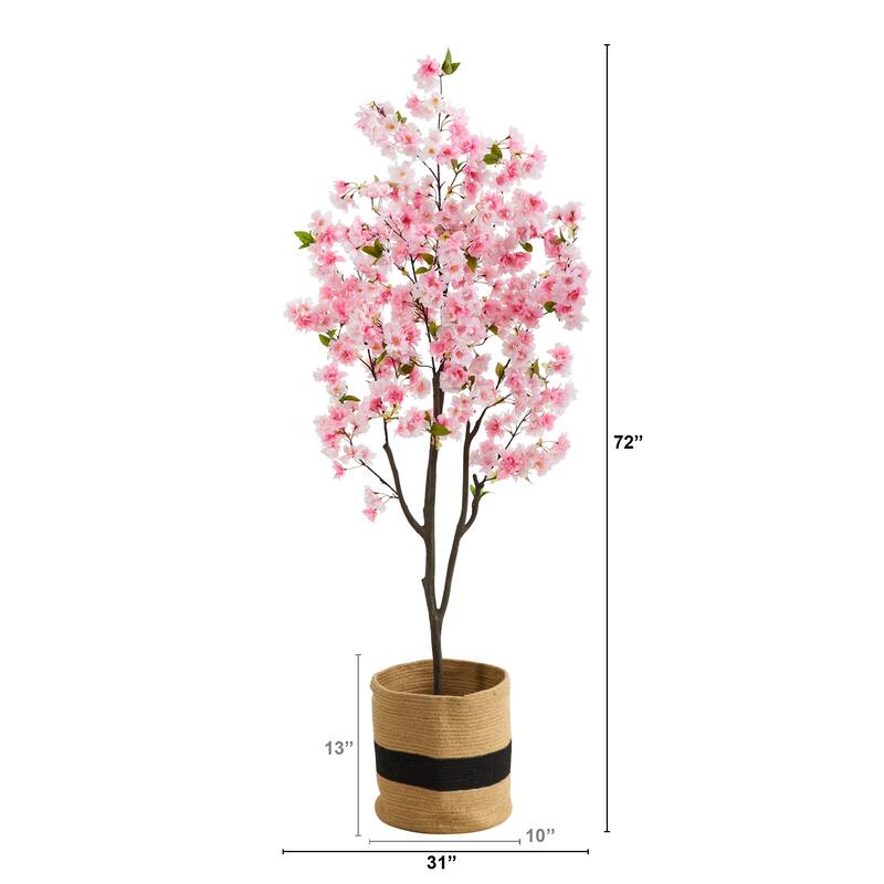6' Artificial Cherry Blossom Tree with Handmade Jute & Cotton Basket