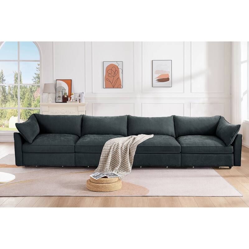 Chenille Fabric Upholstered Sofa with Under-Seat Drawers - Grey - 4-Seat