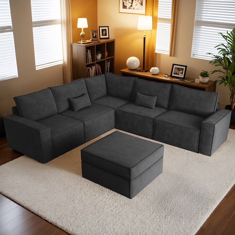 HOOOWOOO Corduroy Upholstered Couch Modular Sectional Sofa - Black